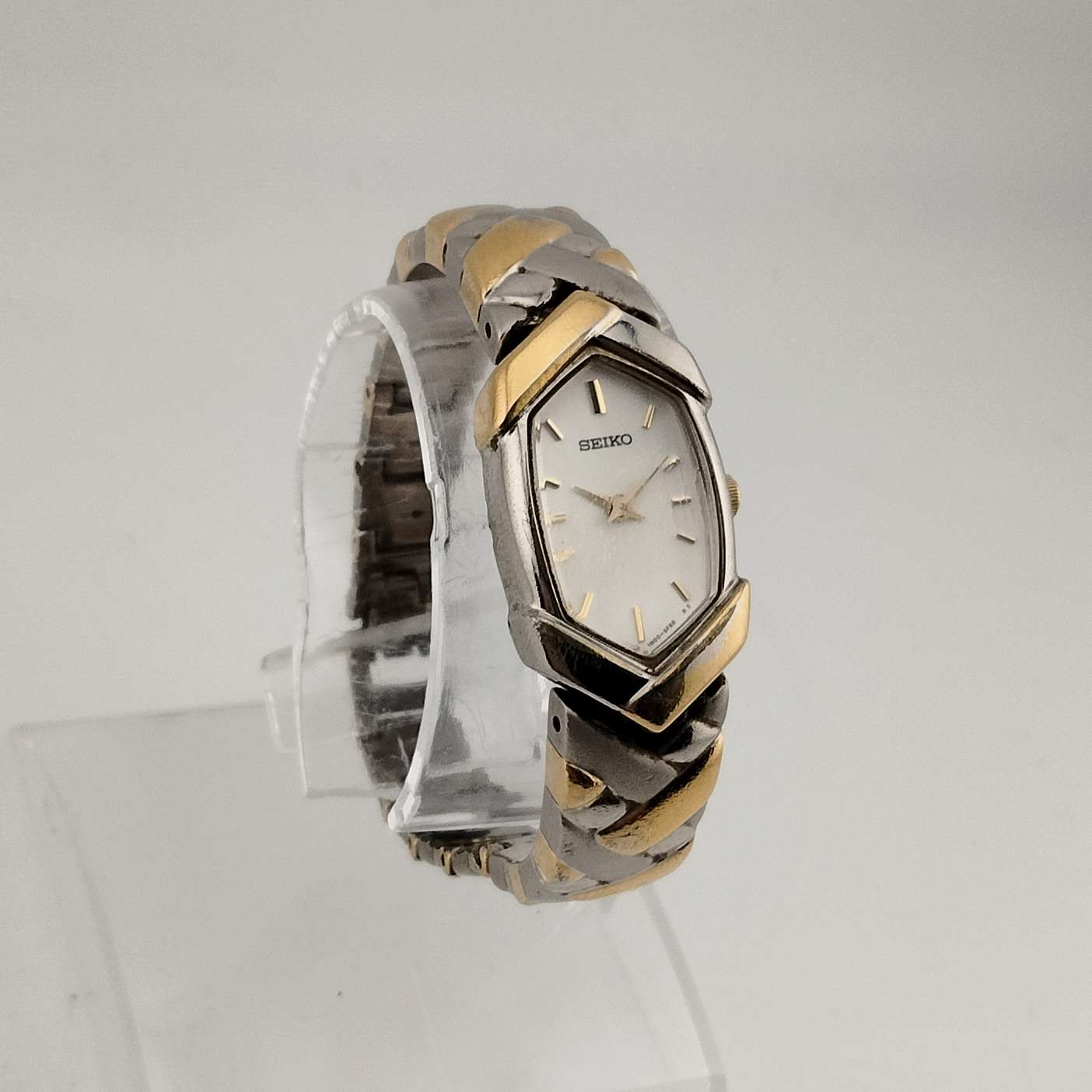 I Like Mikes Mid Century Modern Watches Seiko Women's Mixed Metal Watch, White Elongated Hexagonal Dial, Bracelet Strap
