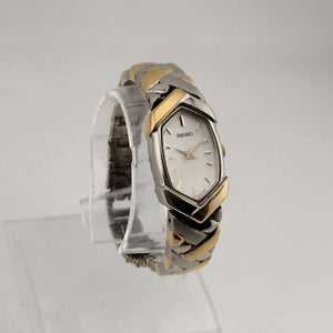I Like Mikes Mid Century Modern Watches Seiko Women's Mixed Metal Watch, White Elongated Hexagonal Dial, Bracelet Strap