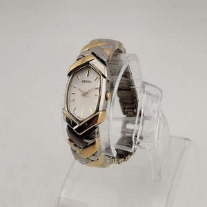 I Like Mikes Mid Century Modern Watches Seiko Women's Mixed Metal Watch, White Elongated Hexagonal Dial, Bracelet Strap