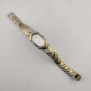 I Like Mikes Mid Century Modern Watches Seiko Women's Mixed Metal Watch, White Elongated Hexagonal Dial, Bracelet Strap