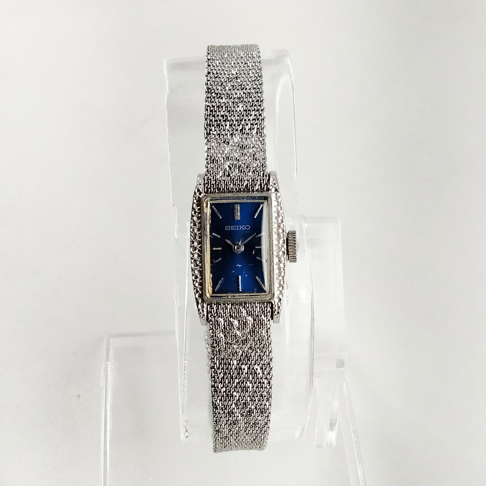 I Like Mikes Mid Century Modern Watches Seiko Women's Petite Silver Tone Watch, Navy Dial, Wind Up, Textured Mesh Strap