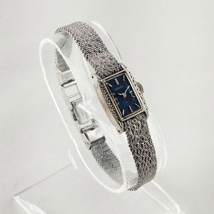 I Like Mikes Mid Century Modern Watches Seiko Women's Petite Silver Tone Watch, Navy Dial, Wind Up, Textured Mesh Strap
