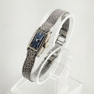I Like Mikes Mid Century Modern Watches Seiko Women's Petite Silver Tone Watch, Navy Dial, Wind Up, Textured Mesh Strap
