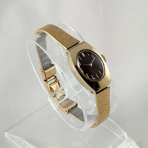 I Like Mikes Mid Century Modern Watches Seiko Women's Petite Watch, Wind Up, Brown Oval Dial, Gold Tone Mesh Strap