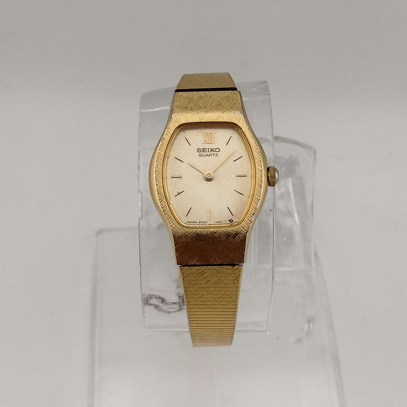 I Like Mikes Mid Century Modern Watches Seiko Women's Quartz All Gold Tone Watch, Rectangle Dial with Rounded Sides, Bracelet Strap