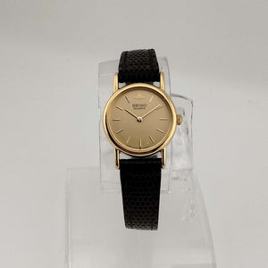 I Like Mikes Mid Century Modern Watches Seiko Women's Quartz Gold Tone Watch, Circular Dial, Black Lizard Strap