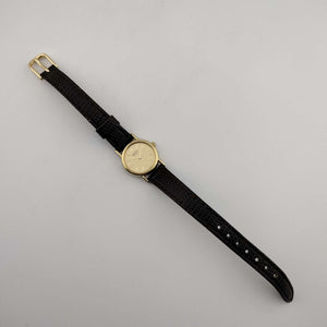 I Like Mikes Mid Century Modern Watches Seiko Women's Quartz Gold Tone Watch, Circular Dial, Black Lizard Strap