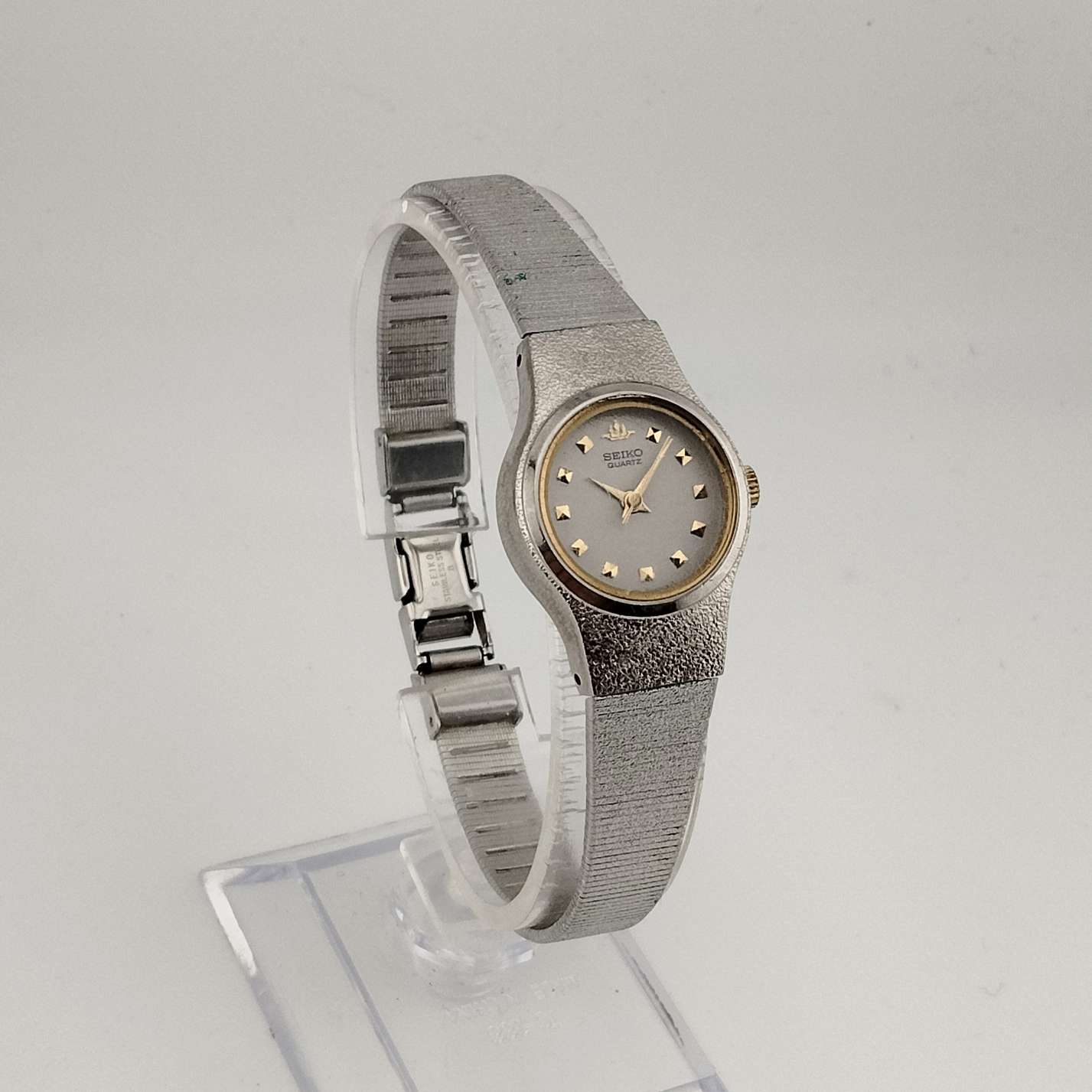 I Like Mikes Mid Century Modern Watches Seiko Women's Quartz Silver Tone Watch, Round Grey Face, Gold Jewel Details, Bracelet Strap