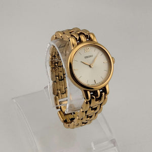 I Like Mikes Mid Century Modern Watches Seiko Women's Round Gold Tone Watch, Circular Silver Tone Dial, Bracelet Strap