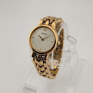 I Like Mikes Mid Century Modern Watches Seiko Women's Round Gold Tone Watch, Circular Silver Tone Dial, Bracelet Strap