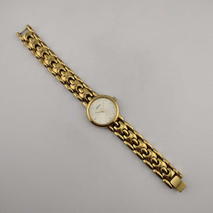 I Like Mikes Mid Century Modern Watches Seiko Women's Round Gold Tone Watch, Circular Silver Tone Dial, Bracelet Strap