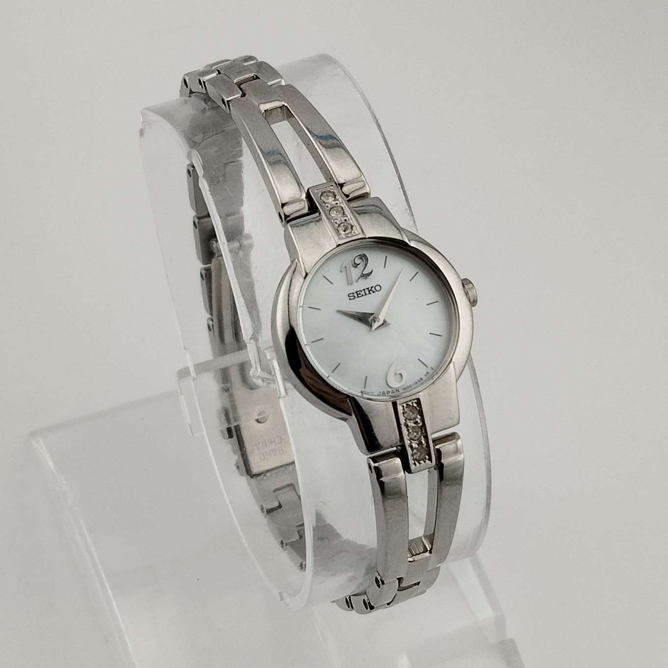 I Like Mikes Mid Century Modern Watches Seiko Women's Round Silver Tone Watch, Circular Mother of Pearl Dial, Bracelet Strap