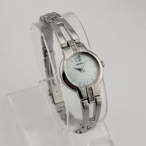 I Like Mikes Mid Century Modern Watches Seiko Women's Round Silver Tone Watch, Circular Mother of Pearl Dial, Bracelet Strap