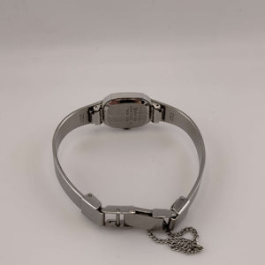 I Like Mikes Mid Century Modern Watches Seiko Women's Silver Tone Quartz Watch, Rounded Rectangular Dial, Bracelet Strap with Safety Chain