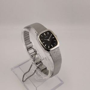 I Like Mikes Mid Century Modern Watches Seiko Women's Silver Tone Quartz Watch, Rounded Rectangular Dial, Bracelet Strap with Safety Chain