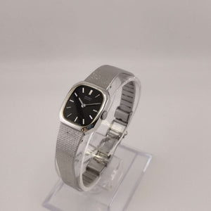 I Like Mikes Mid Century Modern Watches Seiko Women's Silver Tone Quartz Watch, Rounded Rectangular Dial, Bracelet Strap with Safety Chain