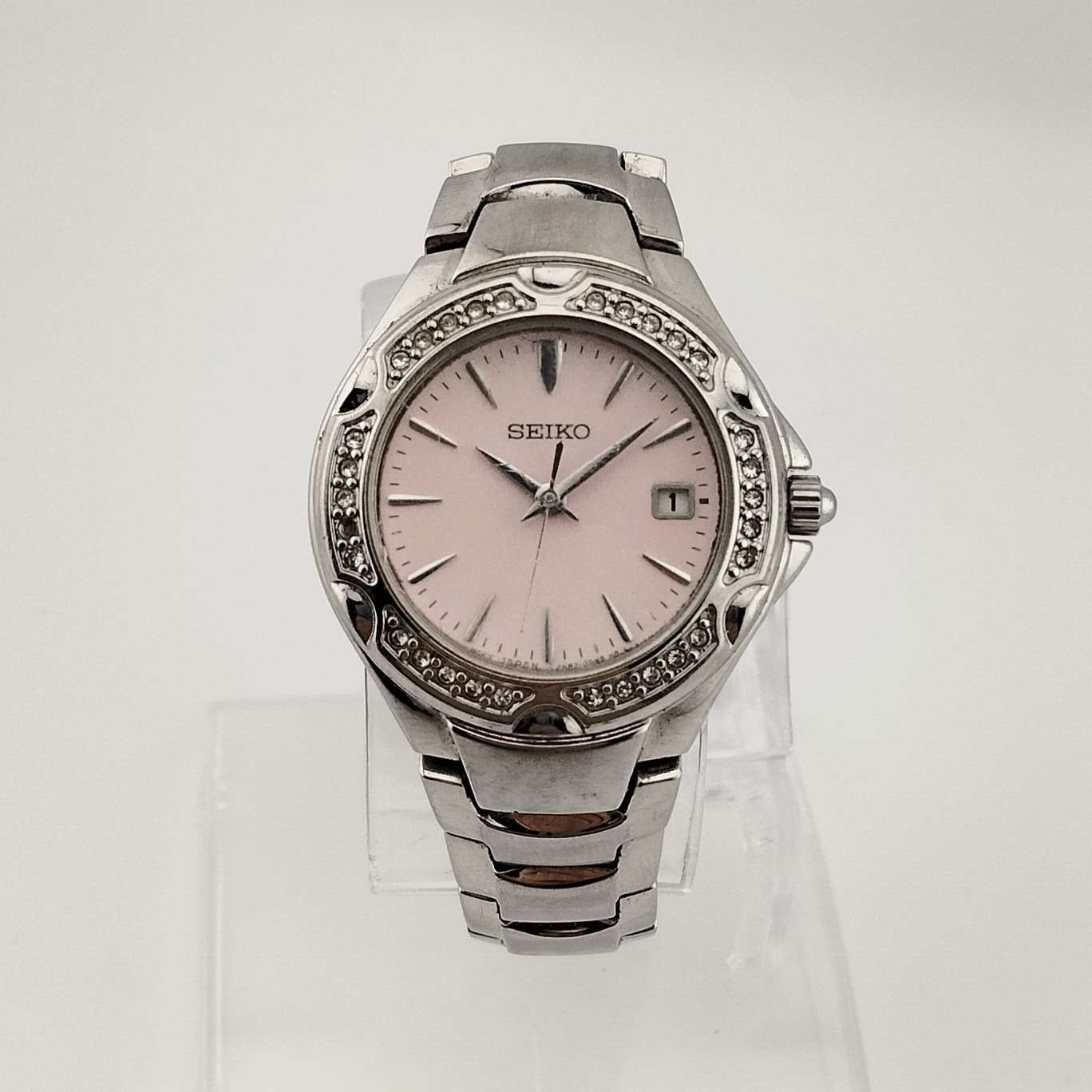I Like Mikes Mid Century Modern Watches Seiko Women's Silver Tone Watch, Circular Pink Dial, Date Window, Bracelet Strap