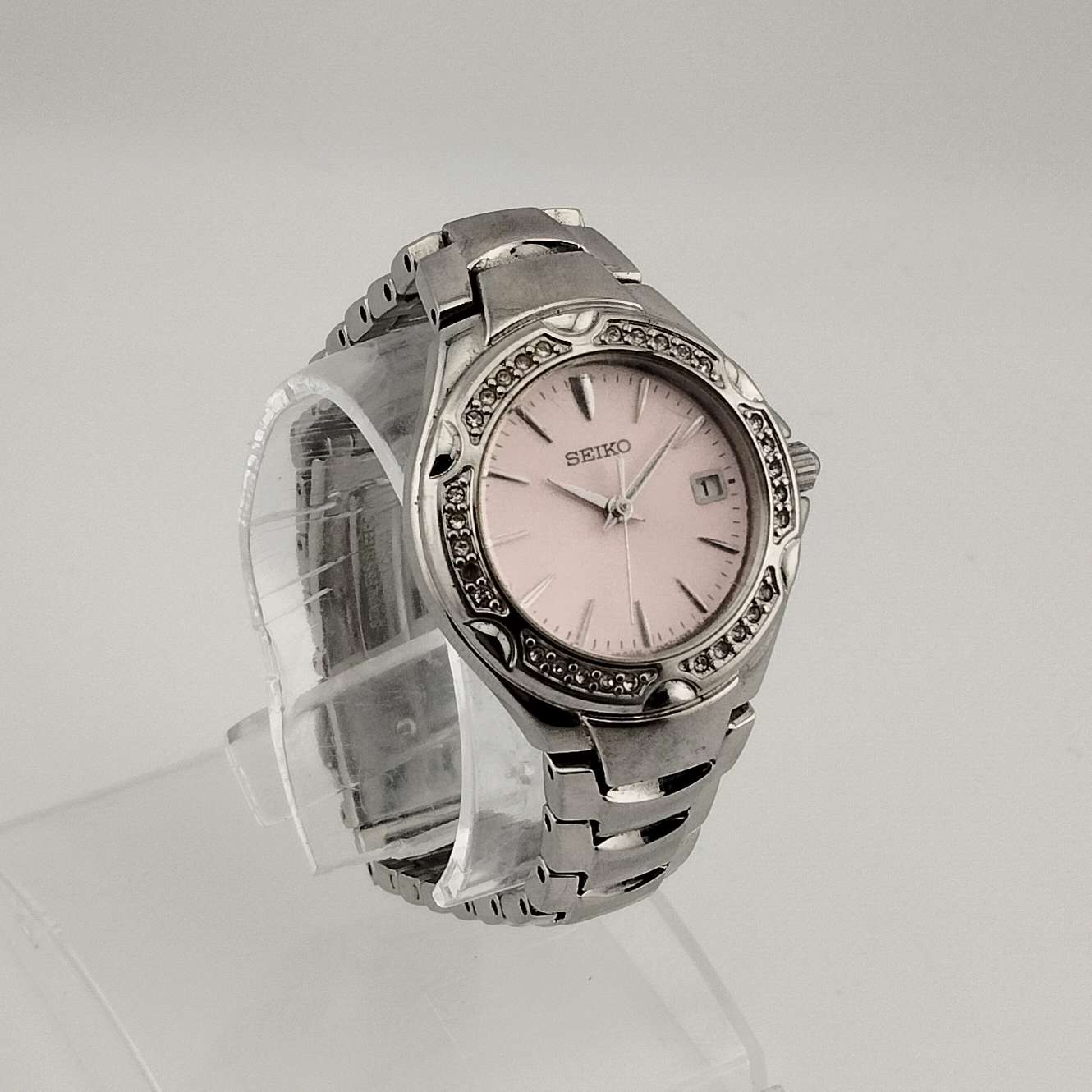 I Like Mikes Mid Century Modern Watches Seiko Women's Silver Tone Watch, Circular Pink Dial, Date Window, Bracelet Strap