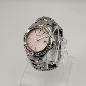 I Like Mikes Mid Century Modern Watches Seiko Women's Silver Tone Watch, Circular Pink Dial, Date Window, Bracelet Strap