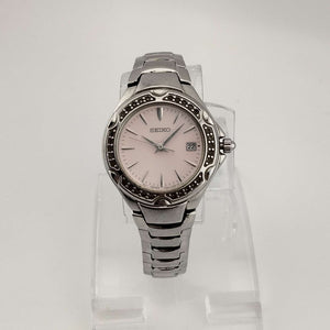 I Like Mikes Mid Century Modern Watches Seiko Women's Silver Tone Watch, Circular Pink Dial, Date Window, Bracelet Strap