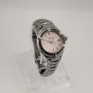 I Like Mikes Mid Century Modern Watches Seiko Women's Silver Tone Watch, Circular Pink Dial, Date Window, Bracelet Strap