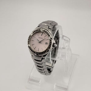 I Like Mikes Mid Century Modern Watches Seiko Women's Silver Tone Watch, Circular Pink Dial, Date Window, Bracelet Strap