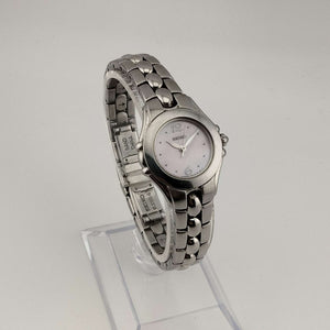 I Like Mikes Mid Century Modern Watches Seiko Women's Silver Tone Watch, Circular Pink Mother of Pearl Dial, Bracelet Strap