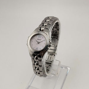 I Like Mikes Mid Century Modern Watches Seiko Women's Silver Tone Watch, Circular Pink Mother of Pearl Dial, Bracelet Strap