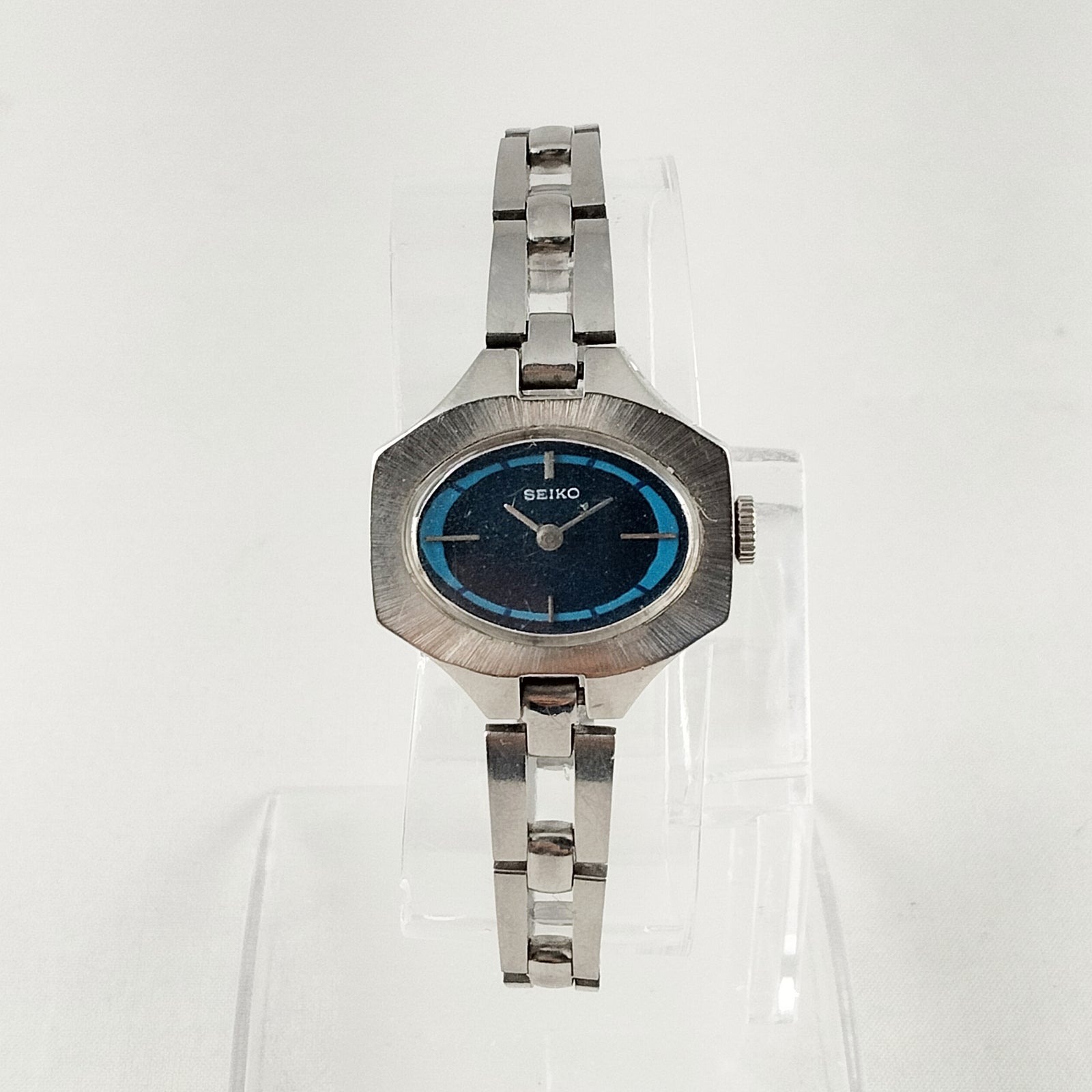 I Like Mikes Mid Century Modern Watches Seiko Women's Silver Tone Watch, Oval Navy Dial, Wind Up, Bracelet Strap