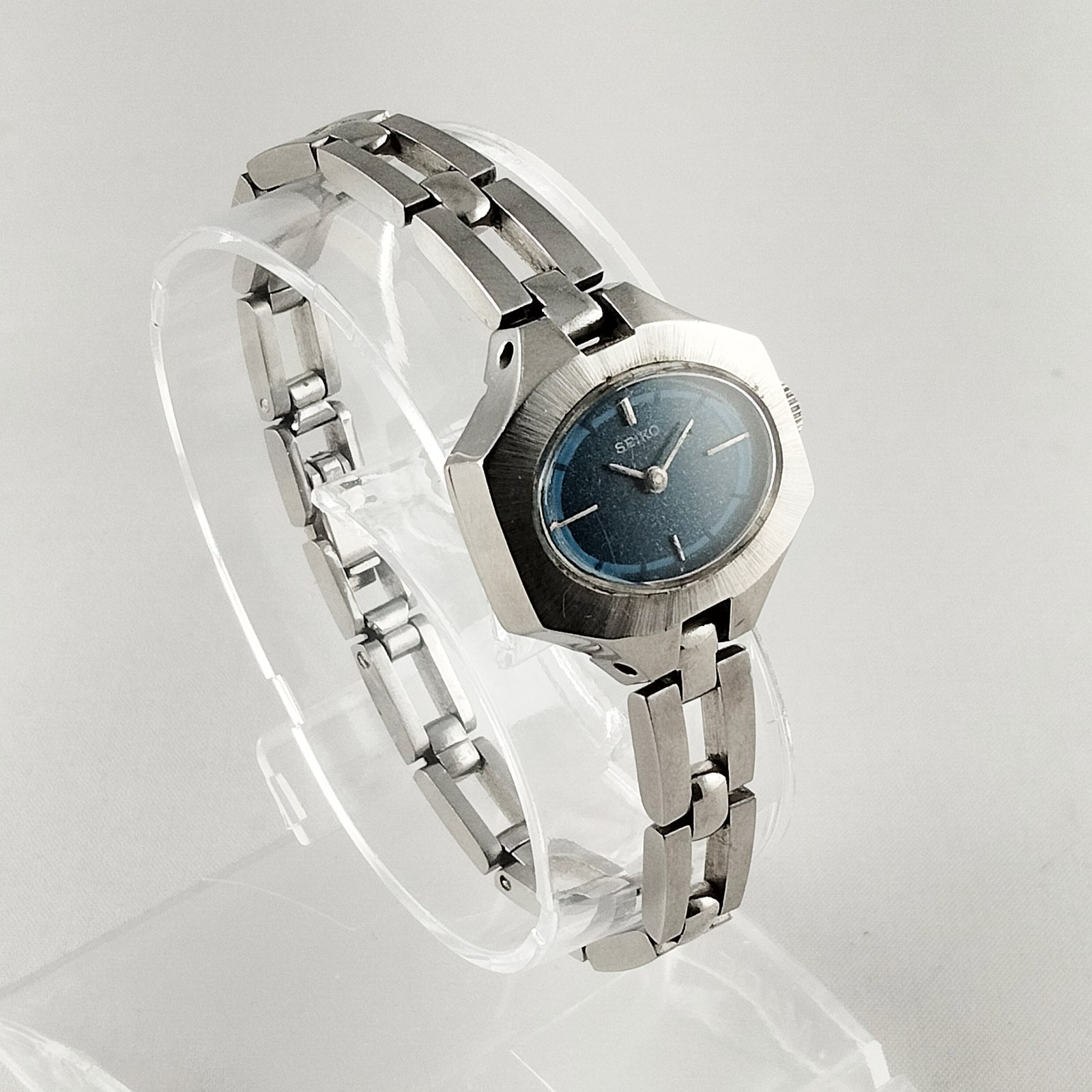 I Like Mikes Mid Century Modern Watches Seiko Women's Silver Tone Watch, Oval Navy Dial, Wind Up, Bracelet Strap