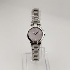 I Like Mikes Mid Century Modern Watches Seiko Women's Silver Tone Watch, Pink Mother of Pearl Dial, Jewel Detail, Bracelet Strap