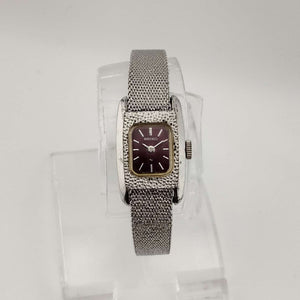 I Like Mikes Mid Century Modern Watches Seiko Women's  Silver Tone Watch, Rectangle Dial with Rounded Sides, Red Dial, Bracelet Strap