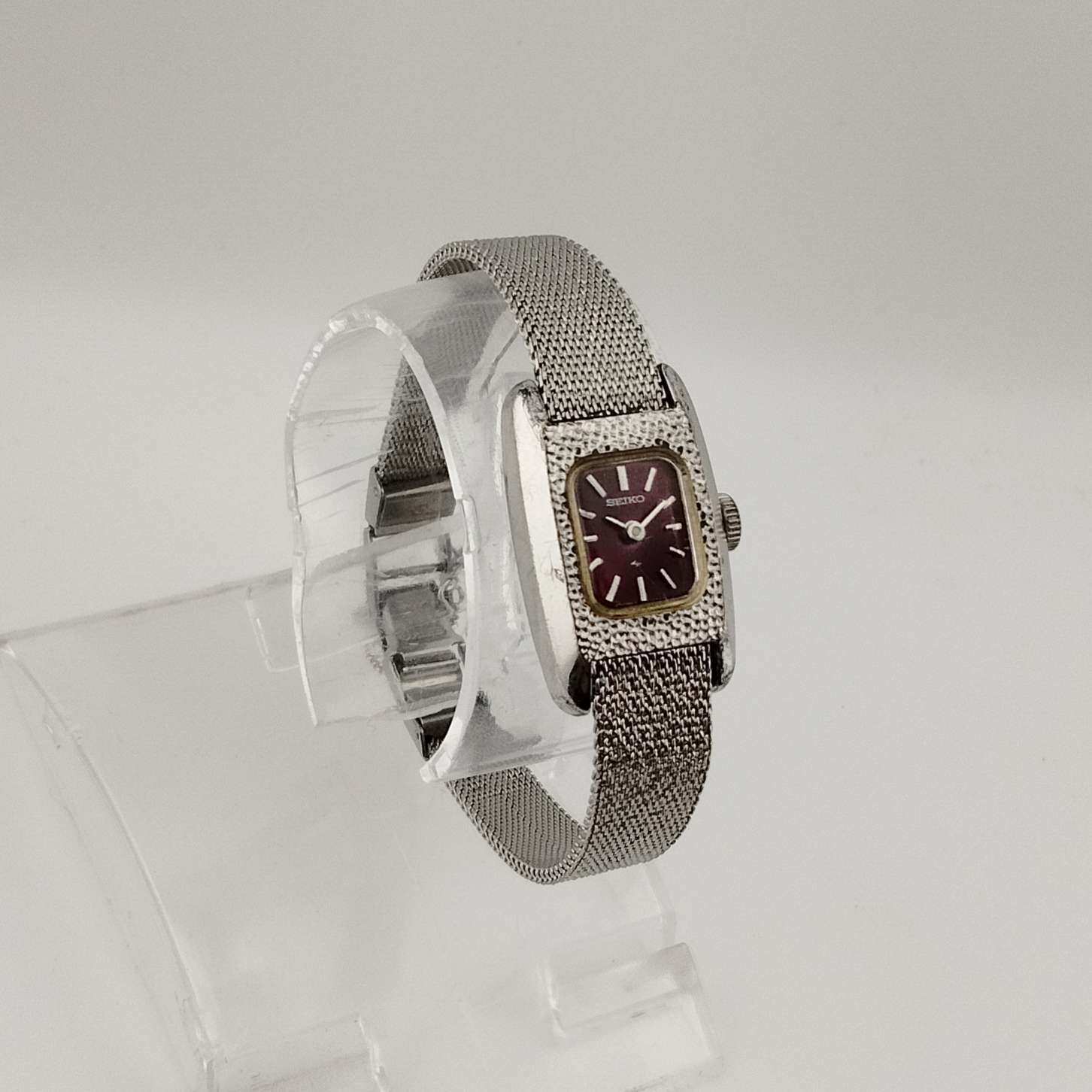 I Like Mikes Mid Century Modern Watches Seiko Women's  Silver Tone Watch, Rectangle Dial with Rounded Sides, Red Dial, Bracelet Strap