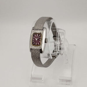 I Like Mikes Mid Century Modern Watches Seiko Women's  Silver Tone Watch, Rectangle Dial with Rounded Sides, Red Dial, Bracelet Strap