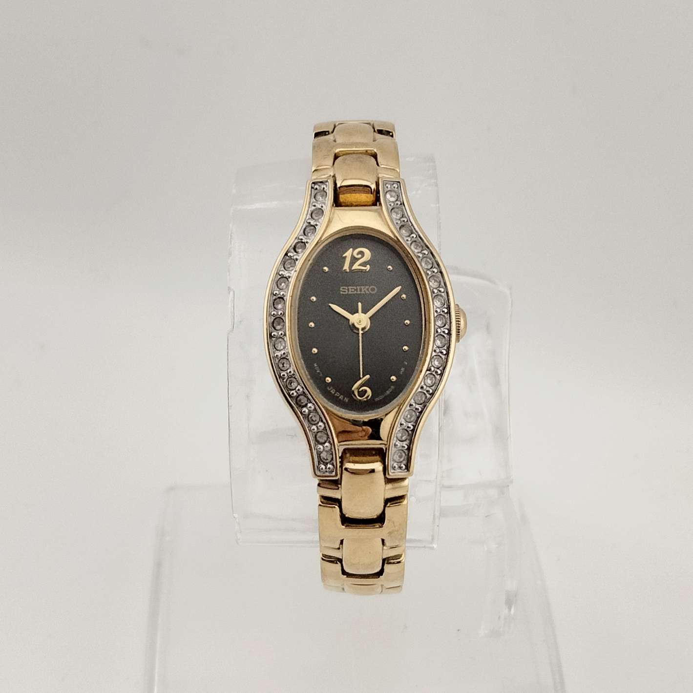 I Like Mikes Mid Century Modern Watches Seiko Women's Watch, Black Oval Dial, Jewel Details on Bezel, Bracelet Strap