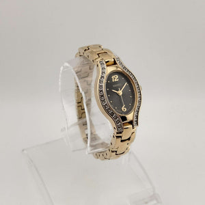 I Like Mikes Mid Century Modern Watches Seiko Women's Watch, Black Oval Dial, Jewel Details on Bezel, Bracelet Strap
