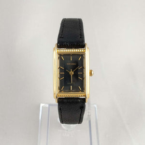 I Like Mikes Mid Century Modern Watches Seiko Women's Watch, Black Rectangular Dial, Black Leather Strap