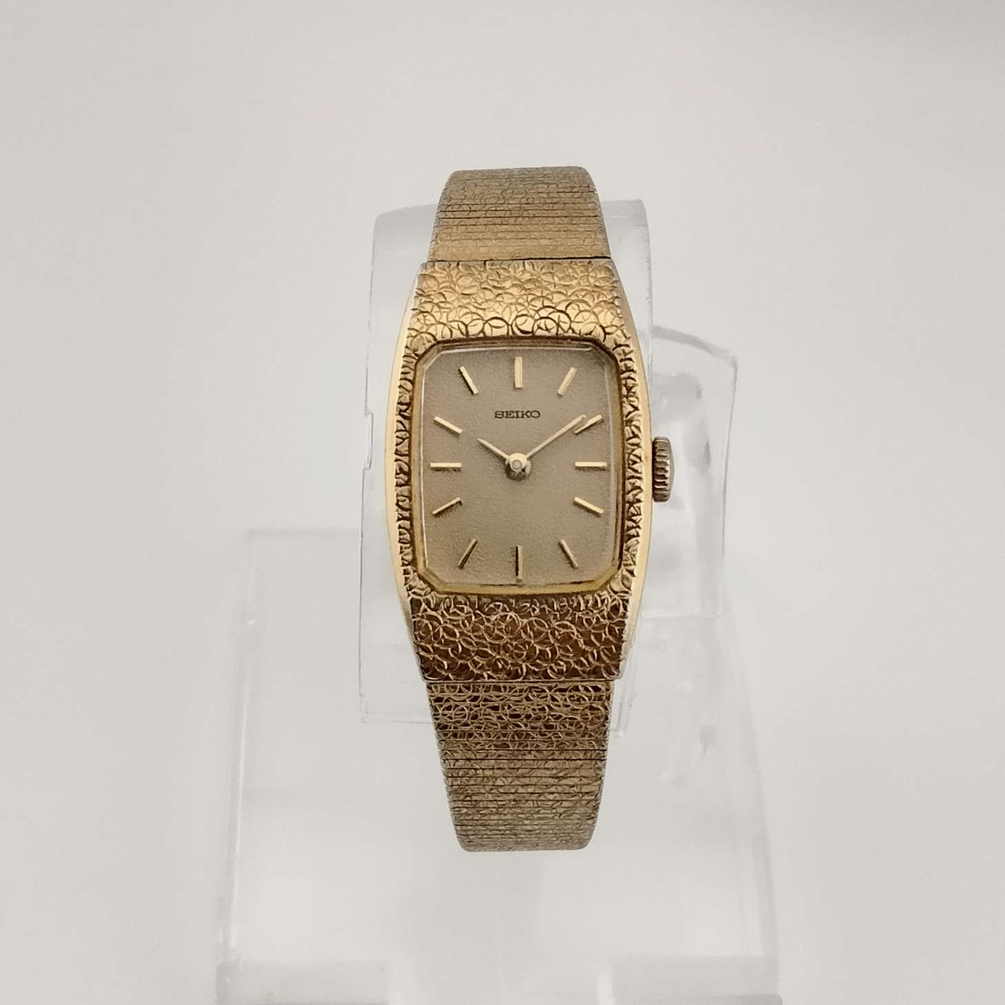 I Like Mikes Mid Century Modern Watches Seiko Women's Watch, Gold Tone, Rectangular Dial with Rounded Corners, Bracelet Strap