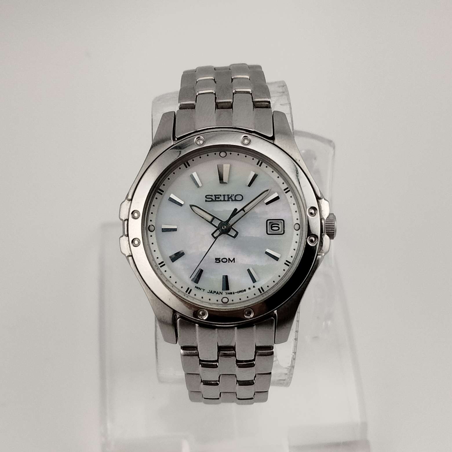 I Like Mikes Mid Century Modern Watches Seiko Women's Watch, Mother of Pearl Dial, Stainless Steel Bracelet Strap