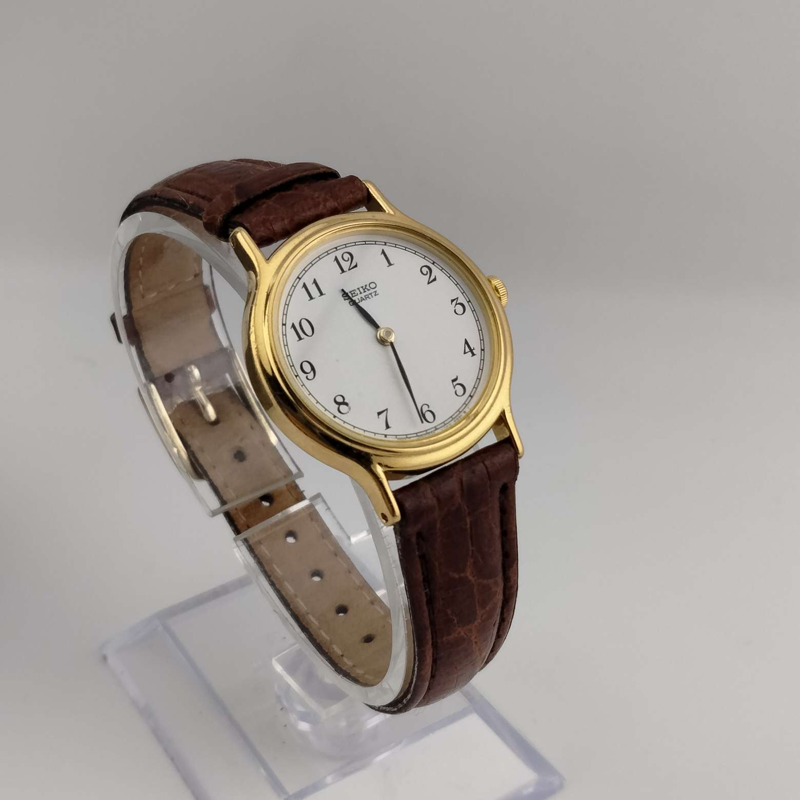 I Like Mikes Mid Century Modern Watches Seiko Women's Watch, Round Dial, Gold Tone, Brown Strap