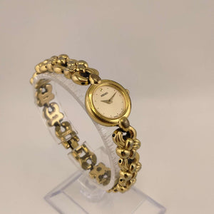 I Like Mikes Mid Century Modern Watches Seiko Women's Watch, Round Gold Tone Dial, Dot Hour Markers, Unique Bracelet Strap