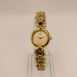 I Like Mikes Mid Century Modern Watches Seiko Women's Watch, Round Gold Tone Dial, Dot Hour Markers, Unique Bracelet Strap