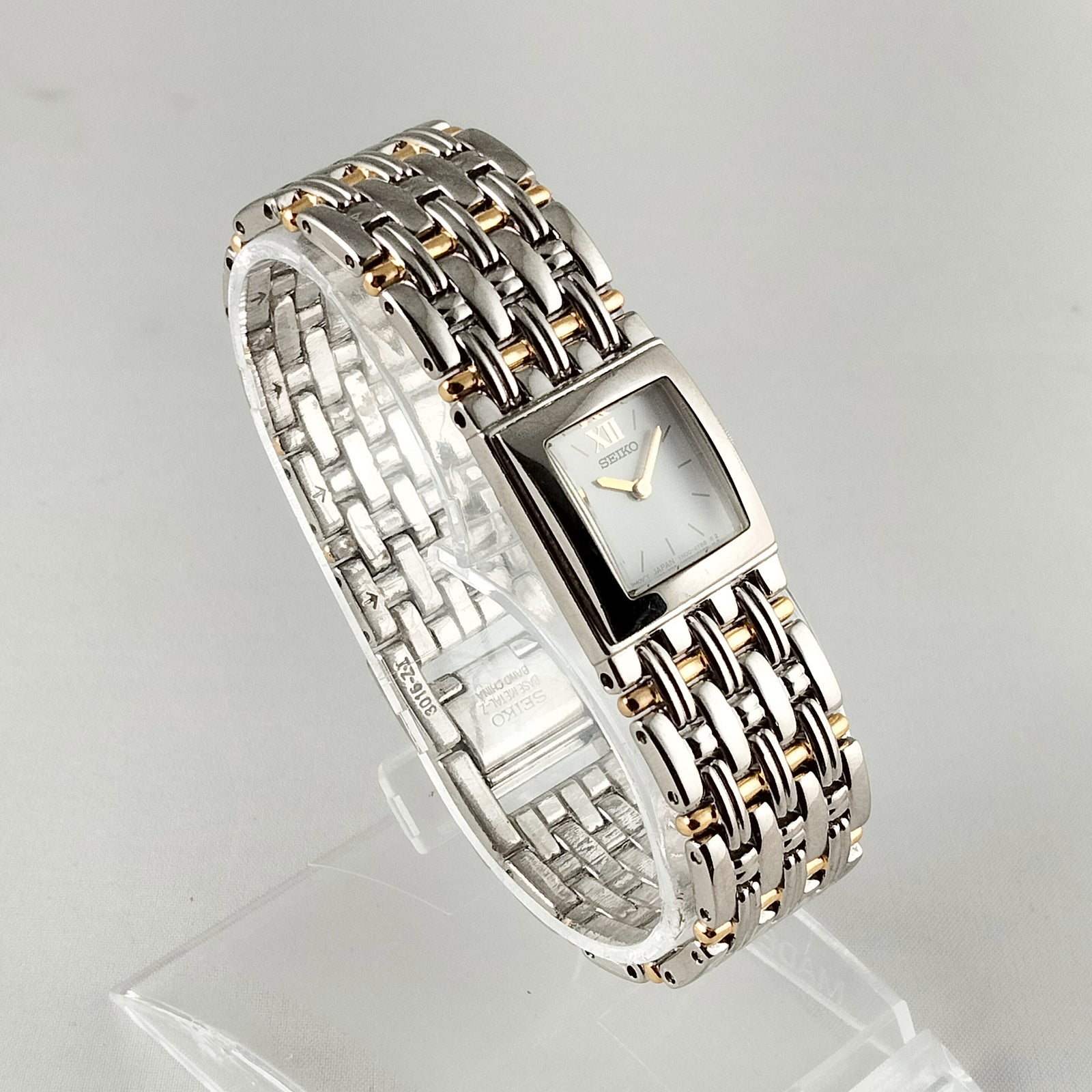 I Like Mikes Mid Century Modern Watches Seiko Women's Watch, Square Dial, Gold and Silver Tone, Bracelet Strap