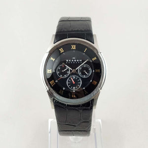 I Like Mikes Mid Century Modern Watches Skagen Men's Chronograph Watch, Black Genuine Leather Strap
