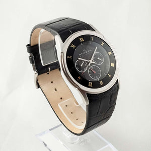 I Like Mikes Mid Century Modern Watches Skagen Men's Chronograph Watch, Black Genuine Leather Strap