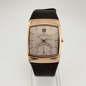 I Like Mikes Mid Century Modern Watches Skagen Men's Gold Tone Watch, Rectangular Dial, 24 Hour Indicator, Date Window, Genuine Brown Leather Strap