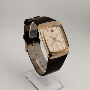 I Like Mikes Mid Century Modern Watches Skagen Men's Gold Tone Watch, Rectangular Dial, 24 Hour Indicator, Date Window, Genuine Brown Leather Strap
