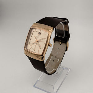 I Like Mikes Mid Century Modern Watches Skagen Men's Gold Tone Watch, Rectangular Dial, 24 Hour Indicator, Date Window, Genuine Brown Leather Strap