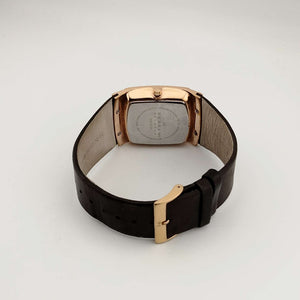 I Like Mikes Mid Century Modern Watches Skagen Men's Gold Tone Watch, Rectangular Dial, 24 Hour Indicator, Date Window, Genuine Brown Leather Strap