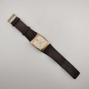 I Like Mikes Mid Century Modern Watches Skagen Men's Gold Tone Watch, Rectangular Dial, 24 Hour Indicator, Date Window, Genuine Brown Leather Strap